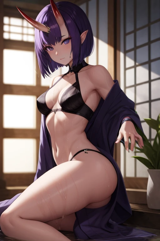 masterpiece,best quality,high resolution,8k,ultra HD,wallpaper,illustration,perfect face,cowboy shot,beautiful detailed eyes,extremely detailed face,perfect lighting,extremely detailed CG,perfect hands,perfect anatomy,perfect body,perfect hands,perfect fingers,1woman,full body,megami magazine,(muscle fighter:1.1),purple bob hair,purple eyes,(large breasts:1.3),(Medium ass:1.1),medium nipples,japanese oiran purple yukata,,clothed,,collarbone,,looking at viewer,sexy look  pose,Steam,Wet,sweat,home,forehead two demon horn ears,perfect demon horn