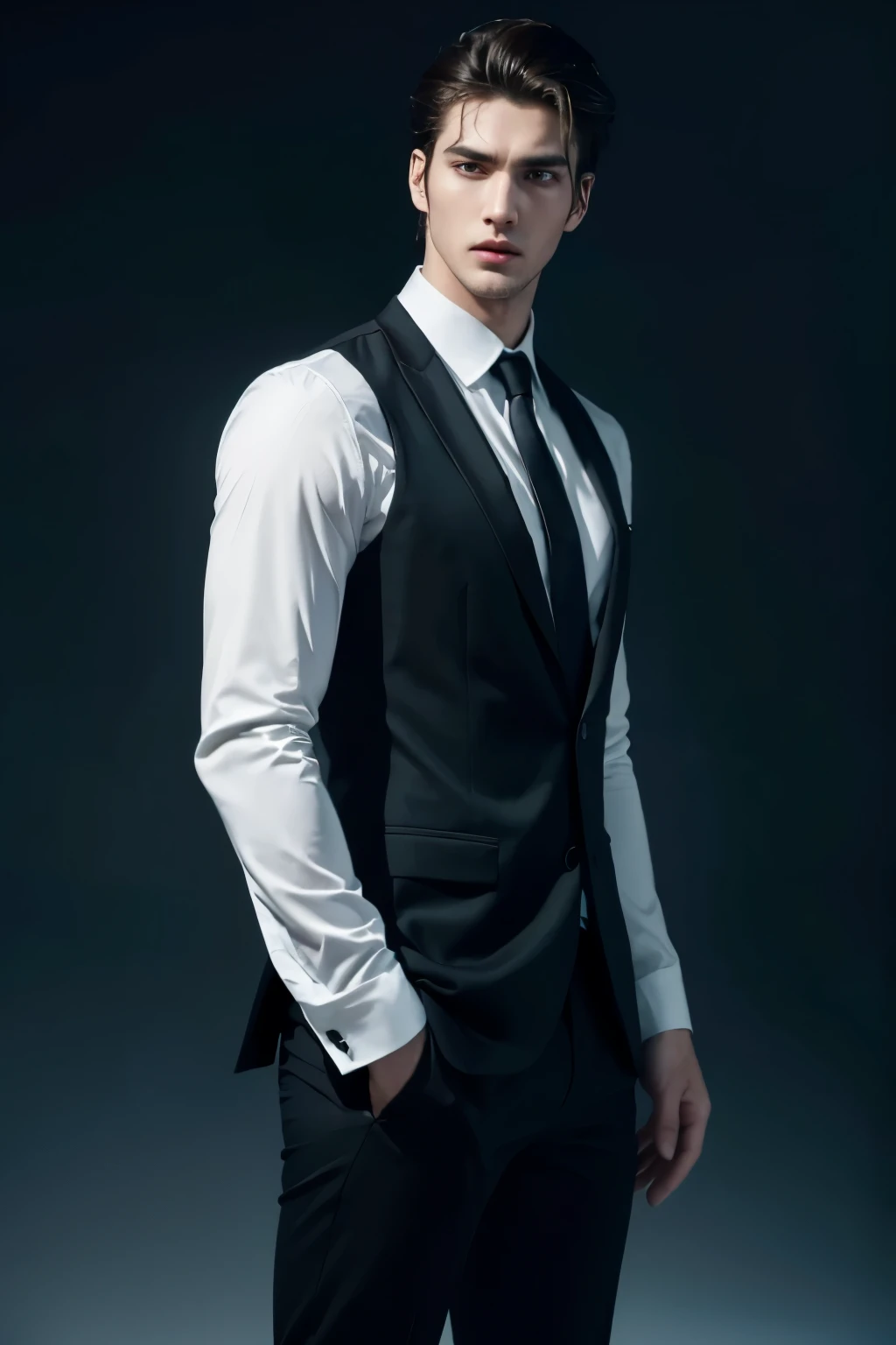 (Best quality, 4K, a high resolution) white handsome man, black shirt and suit, Beautiful Features, Breathtaking view, Perfectly styled hair, confident pose, dramatic lighting, artistic composition, smoldering expression, focus on his eyes, Powerful presence, ((thin and tall)).