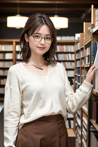   (8k, RAW photo, best quality, masterpiece), (photo realistic), outstanding details, ultra-high resolution, anatomically correct, textured skin, ((Extremely precise and accurate anatomy)),

A cute 28-year-old Japanese woman, librarian arranging books in the library, 

(fearless smile),  
(Downturned Eyes:1.2), (kind eyes:1.2) , kind Gaze, 
(low and small chignon:1.4), (Rimless round glasses), 

looking at viewer, 
pupils sparkling,  thin lips, Mouth slightly open, 
dark brown hair, Forehead, 
off-white simple summer sweater, simple cotton Light brown flared skirt, 
Earrings, Necklace, 

Full Shot, whole body, (height: 148cm), High heels Has two legs,Has two arms、Has two legs, You need two arms, 

(background Spacious library interior, bookshelves), 
(backlighting), 
reflection light from below, 
atmospheric perspective, depth of field, 
(dramatic lighting), cinematic lighting, 