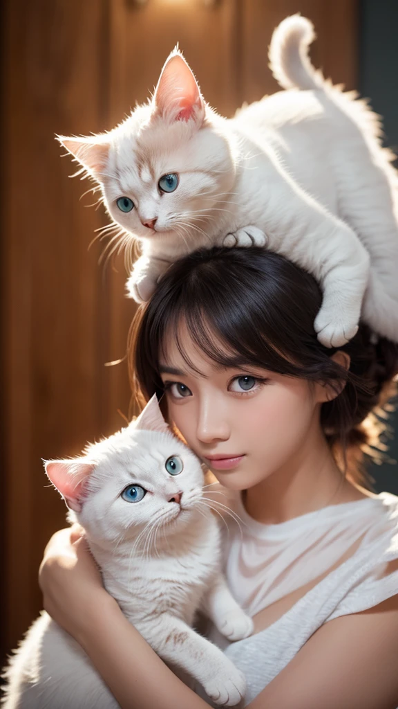 three-heads high, human-like cat,Ultra Detailed, Pretty and beautiful cat, masterpiece, best quality, Calming color palette, peaceful mood, a cat,real,White fluff，Fluffy white ears white tail,HD Wallpapers，16k resolution, powerful blue eyes,dancing cat