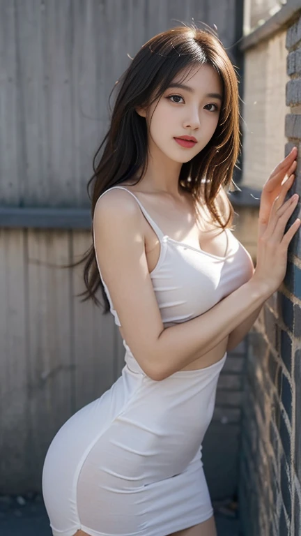 1 Girl,Leaning against the wall,Soft Light,Chinese Beauty,Tight Fit,dress,Long hair