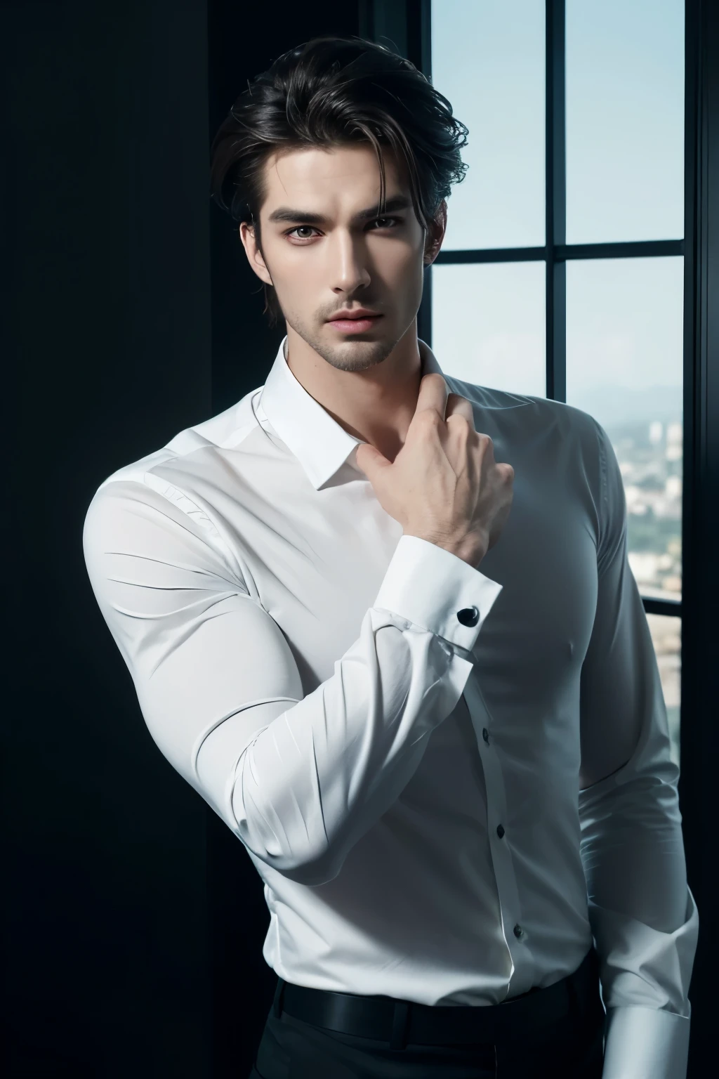 (Best quality, 4K, a high resolution) white handsome man, black shirt and suit, Beautiful Features, Breathtaking view, Perfectly styled hair, confident pose, dramatic lighting, artistic composition, smoldering expression, focus on his eyes, Powerful presence, ((thin and tall)).