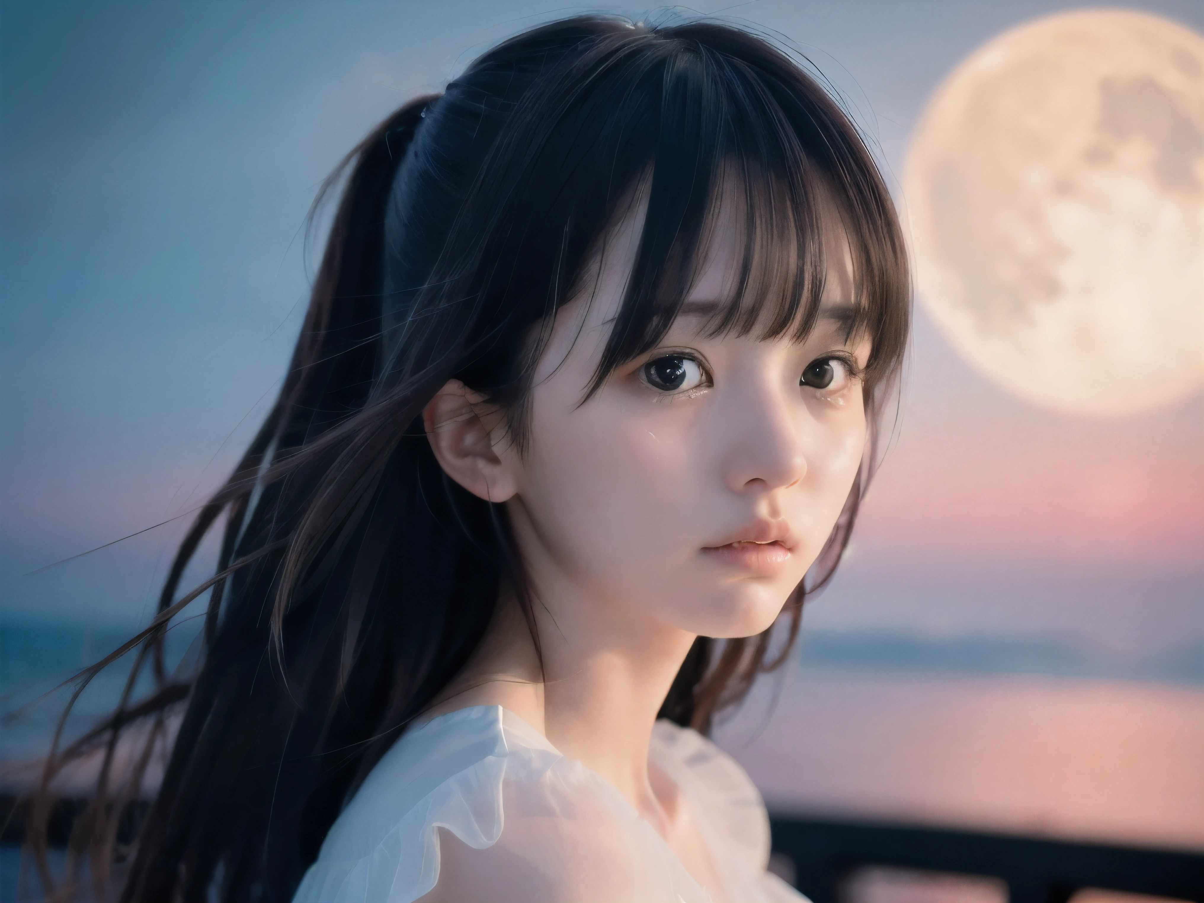 (Close up face shot of slender small-breasted two side up black medium hair with bangs girl wearing a white summer dress:1.5)、(One girl is turn around and big crying face with tears at the cape of the sea in Japan:1.5)、(Beautiful full moon night on the sea:1.5)、(blurred background:1.5)、(8k ultra detailed master piece:1.5)、(perfect anatomy:1.5)、(Photorealistic stick:1.5)、(Raw photo:1.3)、(highest quality:1.5)、(High resolution:1.3)、(Delicate and beautiful perfect face:1.3)、(Delicate and beautiful eye air skin:1.3)、(Real Human Skin:1.3)、((thin legs))