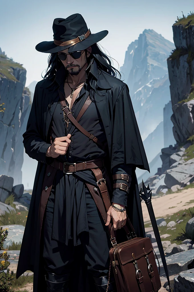 man wearing black sunglasses, No hats., Solomon Kane's Looks and Hairstyle, middle aged man, gray eyes, be a wizard, Dress or wear medieval clothing., Dungeon and Dragon, Put on a wizard's outfit