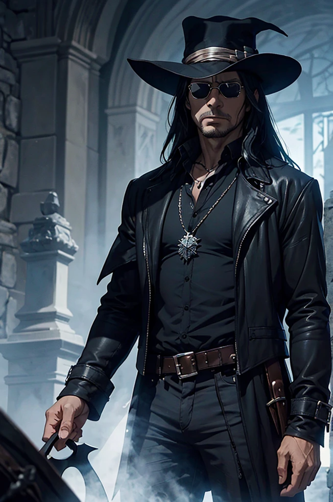 man wearing black sunglasses, No hats., Solomon Kane's Looks and Hairstyle, middle aged man, gray eyes, be a wizard, Dress or wear medieval clothing., Dungeon and Dragon, Put on a wizard's outfit