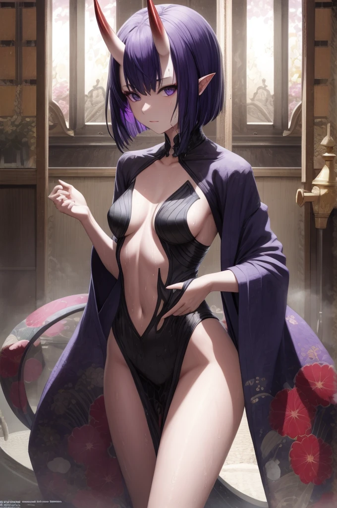 masterpiece,best quality,high resolution,8k,ultra HD,wallpaper,illustration,perfect face,cowboy shot,beautiful detailed eyes,extremely detailed face,perfect lighting,extremely detailed CG,perfect hands,perfect anatomy,perfect body,perfect hands,perfect fingers,1woman,full body,megami magazine,(muscle fighter:1.1),purple bob hair,purple eyes,(large breasts:1.3),(Medium ass:1.1),medium nipples,japanese oiran purple yukata,,clothed,,collarbone,,looking at viewer,sexy look  pose,Steam,Wet,sweat,home,forehead two demon horn ears,perfect demon horn