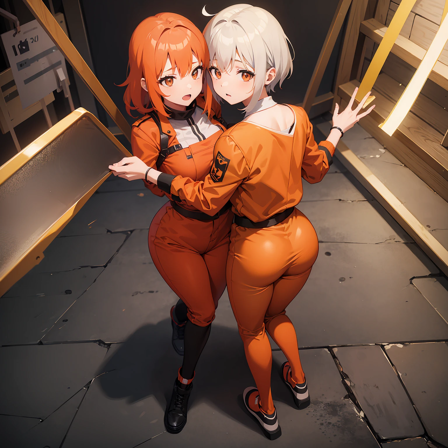 Anime illustration of two girls in a prison cell who are dressed in orange prisoner jumpsuits, they are both hugging each other and touching their asses 