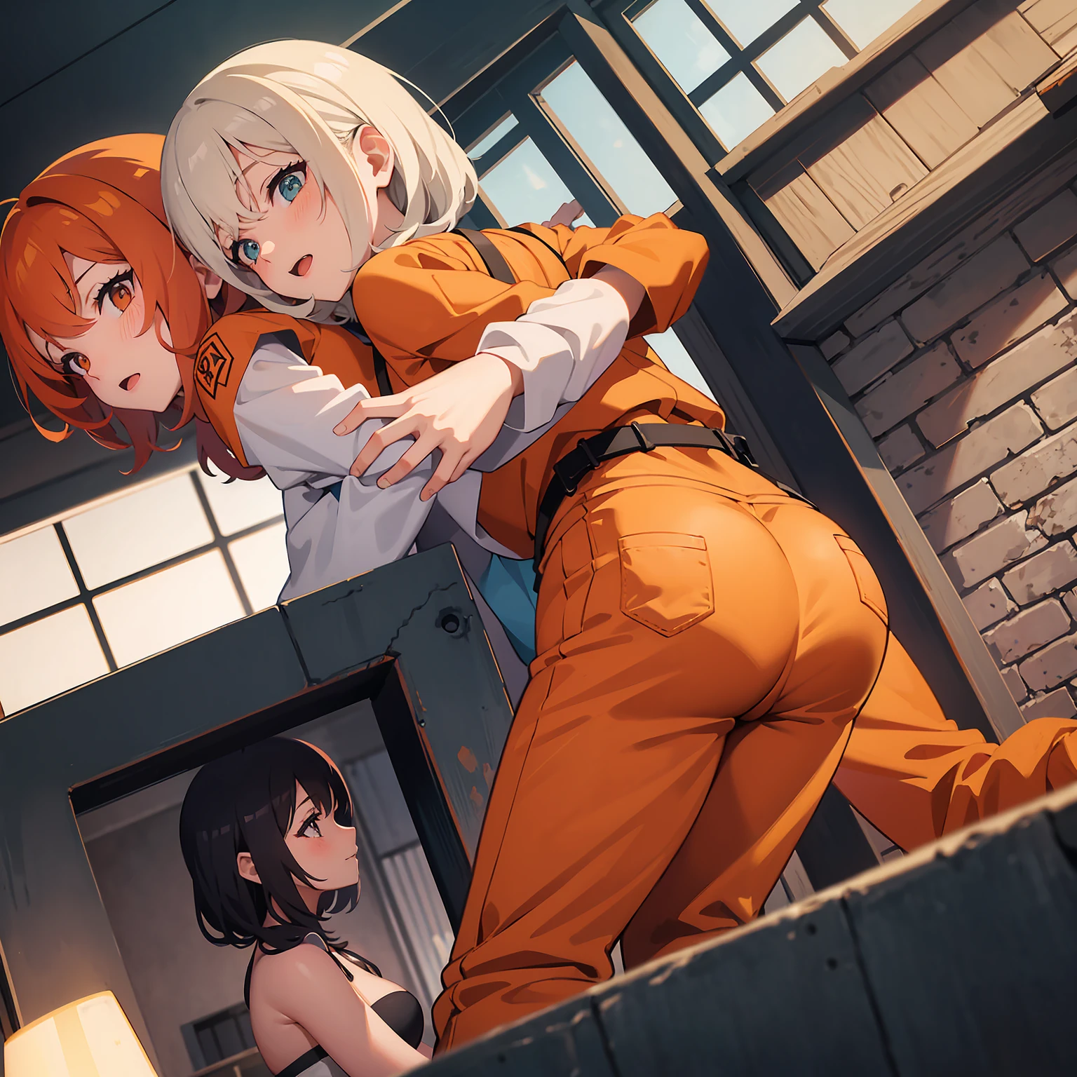 Anime illustration of two girls in a prison cell who are dressed in orange prisoner jumpsuits, they are both hugging each other and touching their asses 