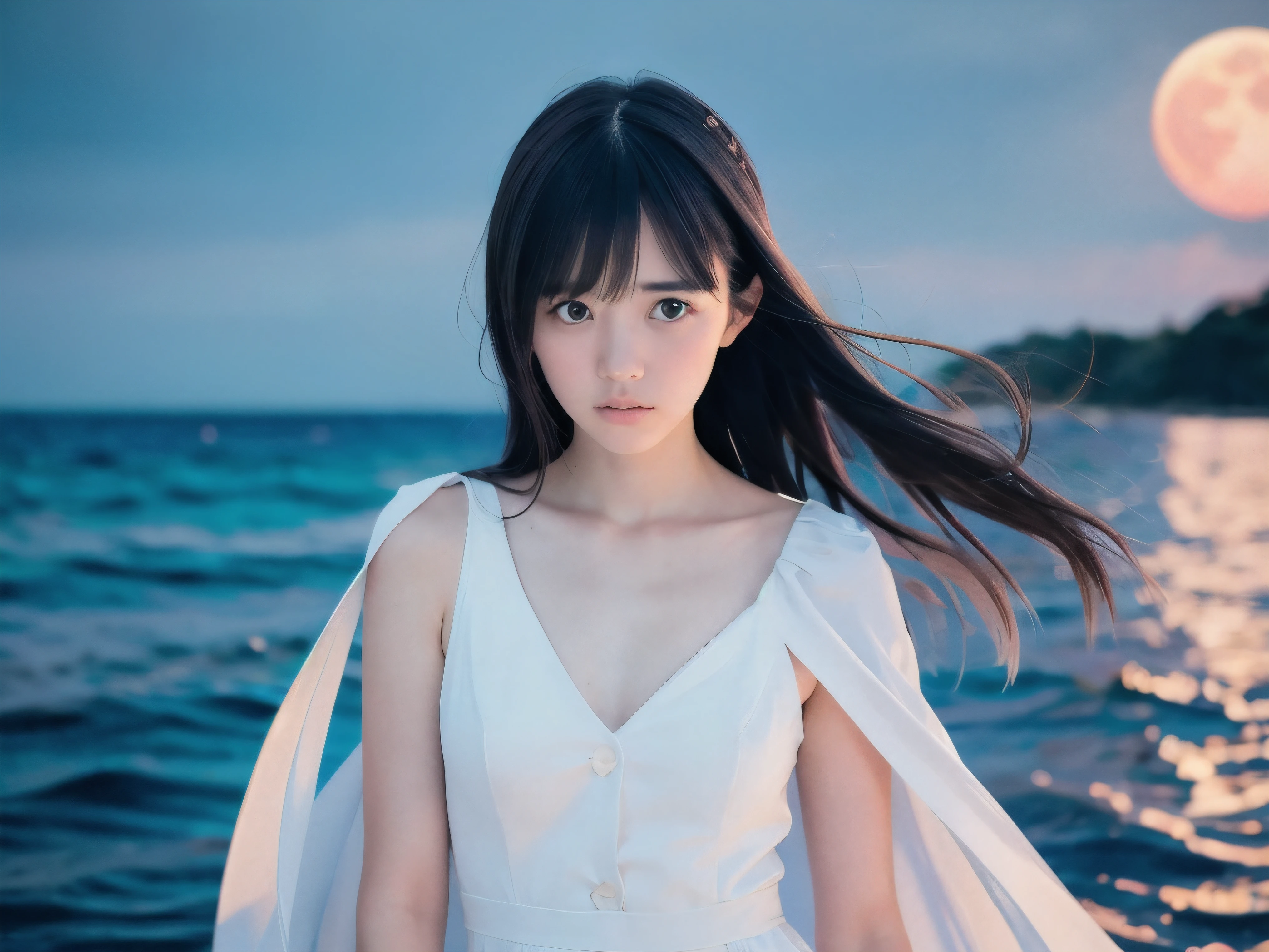 (Close up face shot of slender small-breasted two side up black medium hair with bangs girl wearing a white summer dress:1.5)、(One girl is turn around and big crying face with tears at the cape of the sea in Japan:1.5)、(Beautiful full moon night on the sea:1.5)、(blurred background:1.5)、(8k ultra detailed master piece:1.5)、(perfect anatomy:1.5)、(Photorealistic stick:1.5)、(Raw photo:1.3)、(highest quality:1.5)、(High resolution:1.3)、(Delicate and beautiful perfect face:1.3)、(Delicate and beautiful eye air skin:1.3)、(Real Human Skin:1.3)、((thin legs))