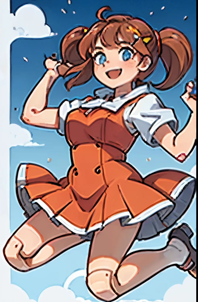 android, beautiful robot, short pigtails, brown hair, Hair tie with two big red clothespins, big smile, brown hair, middle age, joint seam, blue eyes, full body figure, Height: 160cm, Light beige micro mini one-piece dress, fluttering skirt, skirt folds, white retro swimwear, Uplifting, 2020s anime style, 21thcentury japan animation, show White pantie, strong wind is blowing.
