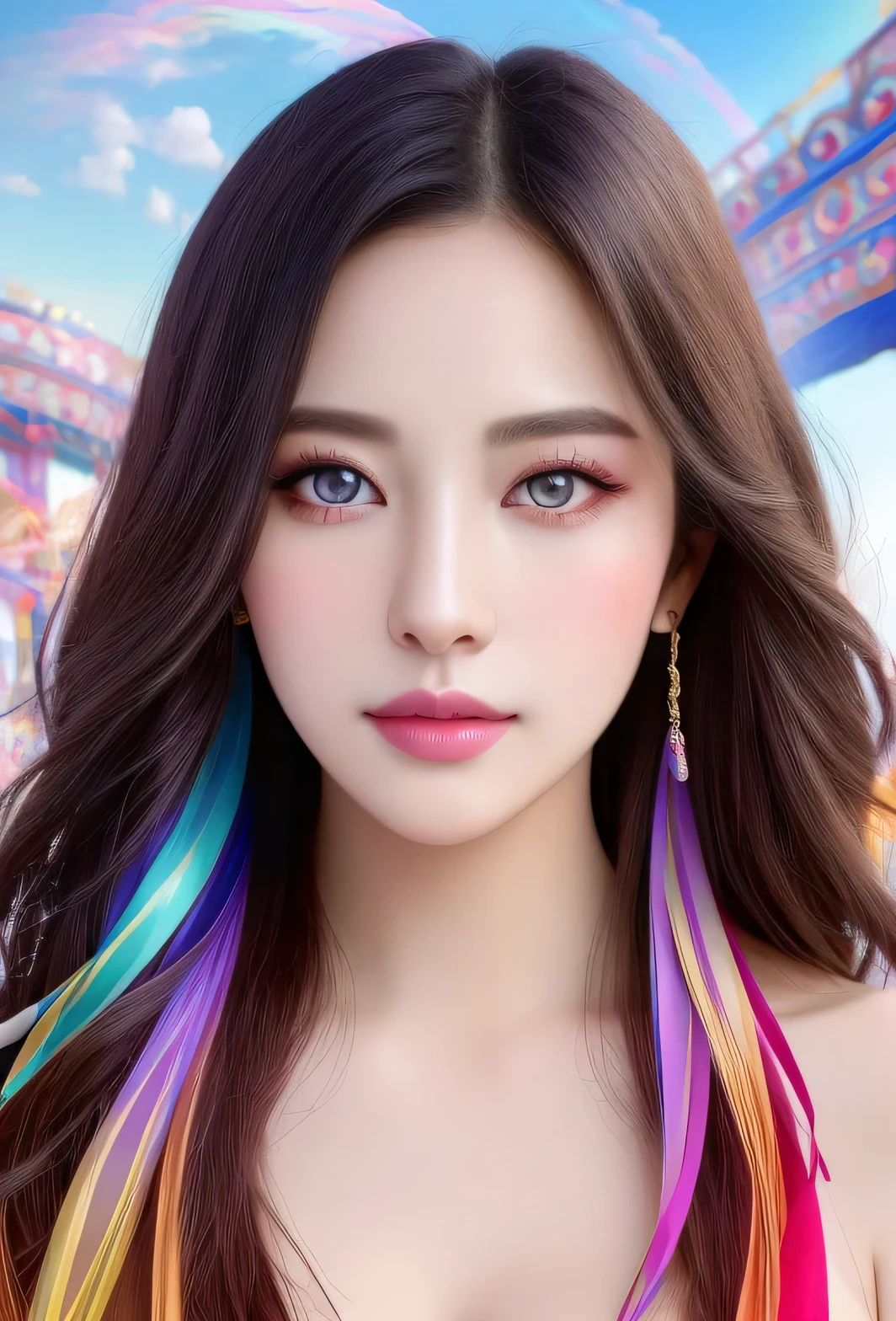 UHD, HDR, 8K, (Masterpiece: 1.5), Floating female statue made of ribbons, colorful colored ribbons, stunning beauty, smoke, sky, colorful and vibrant mysterious colors, detailed design, modern impressionism, portrait, rainbow painting, 3/4 perspective, cute face, beautiful face, detailed face, perfect face, round face, gentle smile, ((talking to the viewer, friendly expression,)), excessive self-expression, joy, drastic swirling composition, big beautiful crystal eyes, (world's most beautiful portrait: 1.5), huge breasts, top, no-beautiful breasts, captivating breasts, sexy , bewitching, happy,