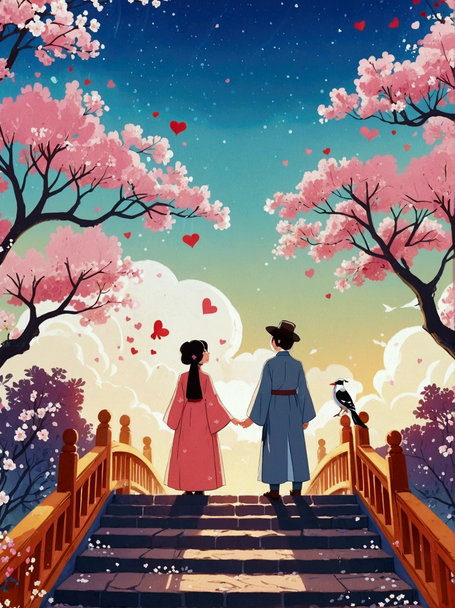 (Low Angle Shot:1.8), (((projected inset, dutch angle, vanishing point, from below))), (8k,Bright colors,Bright,Ultra high saturation,rgb, Colorful), Chinese style,(Love Poster:1.5),(Flat poster design),There are two people on the poster,Cowherd and Weaver Girl standing on an elegant bridge,The background is dreamy pink and purple,White magpies circling around them in the night sky,Surrounded by stars,Create a dreamy atmosphere,It is created in the style of Hayao Miyazaki's anime,In the foreground,There are some flowers in front,HD晰度,High Detail,Flat illustration,Cute Q version cartoon style,Simple background,Colorful illustrations,Bright colors,Full body image,HD,High-resolution images in a Q-version style