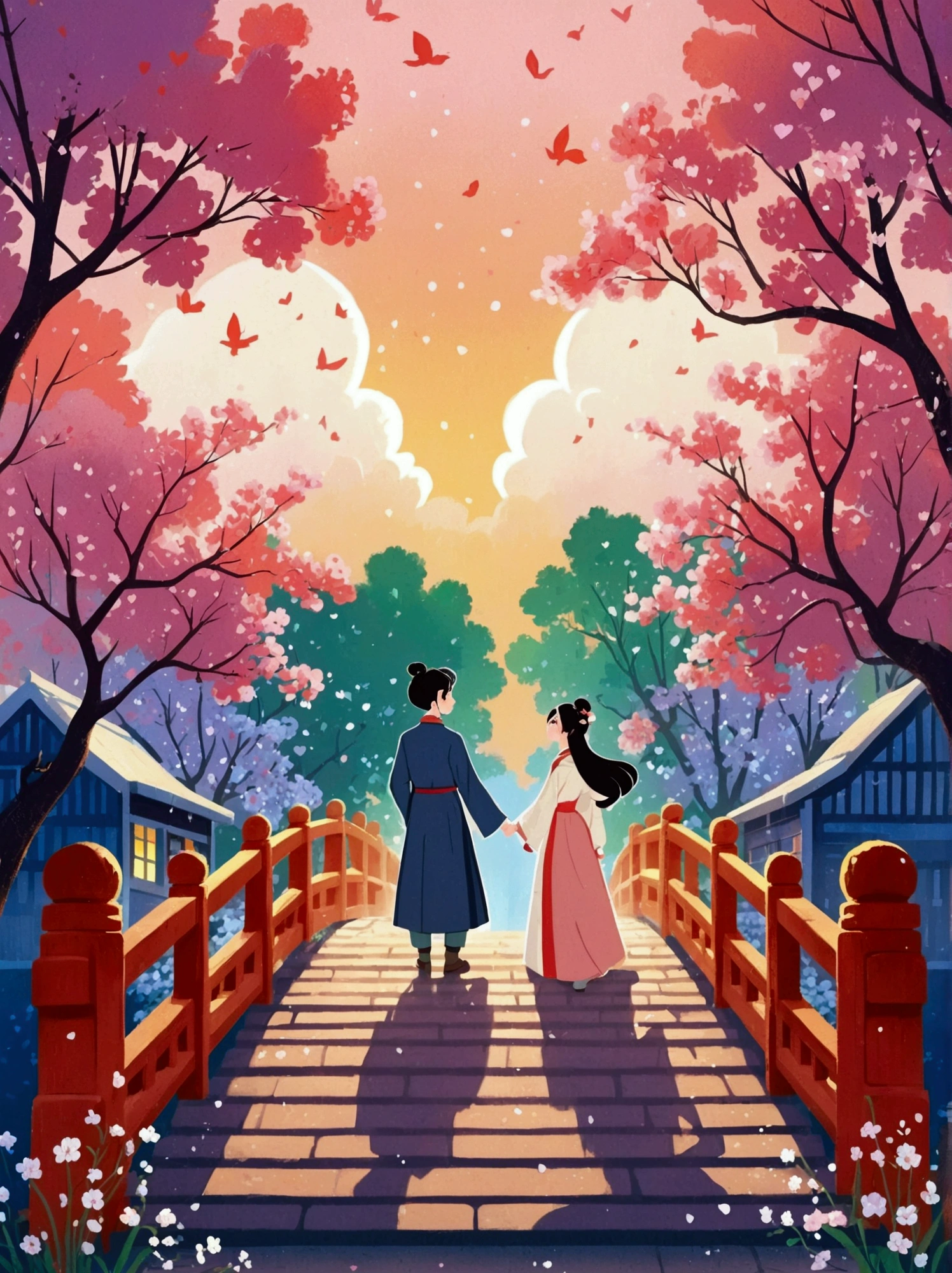  (Low Angle Shot:1.8), (((projected inset, dutch angle, vanishing point, from below))), (8k，Bright colors，Bright，Ultra high saturation，rgb, Colorful), Chinese style，(Love Poster:1.5)，(Flat poster design)，There are two people on the poster，Cowherd and Weaver Girl standing on an elegant bridge，The background is dreamy pink and purple，White magpies circling around them in the night sky，Surrounded by stars，Create a dreamy atmosphere，It is created in the style of Hayao Miyazaki&#39;s anime，In the foreground，There are some flowers in front，HD晰度，High Detail，Flat illustration，Cute Q version cartoon style，Simple background，Colorful illustrations，Bright colors，Full body image，HD，High-resolution images in a Q-version style