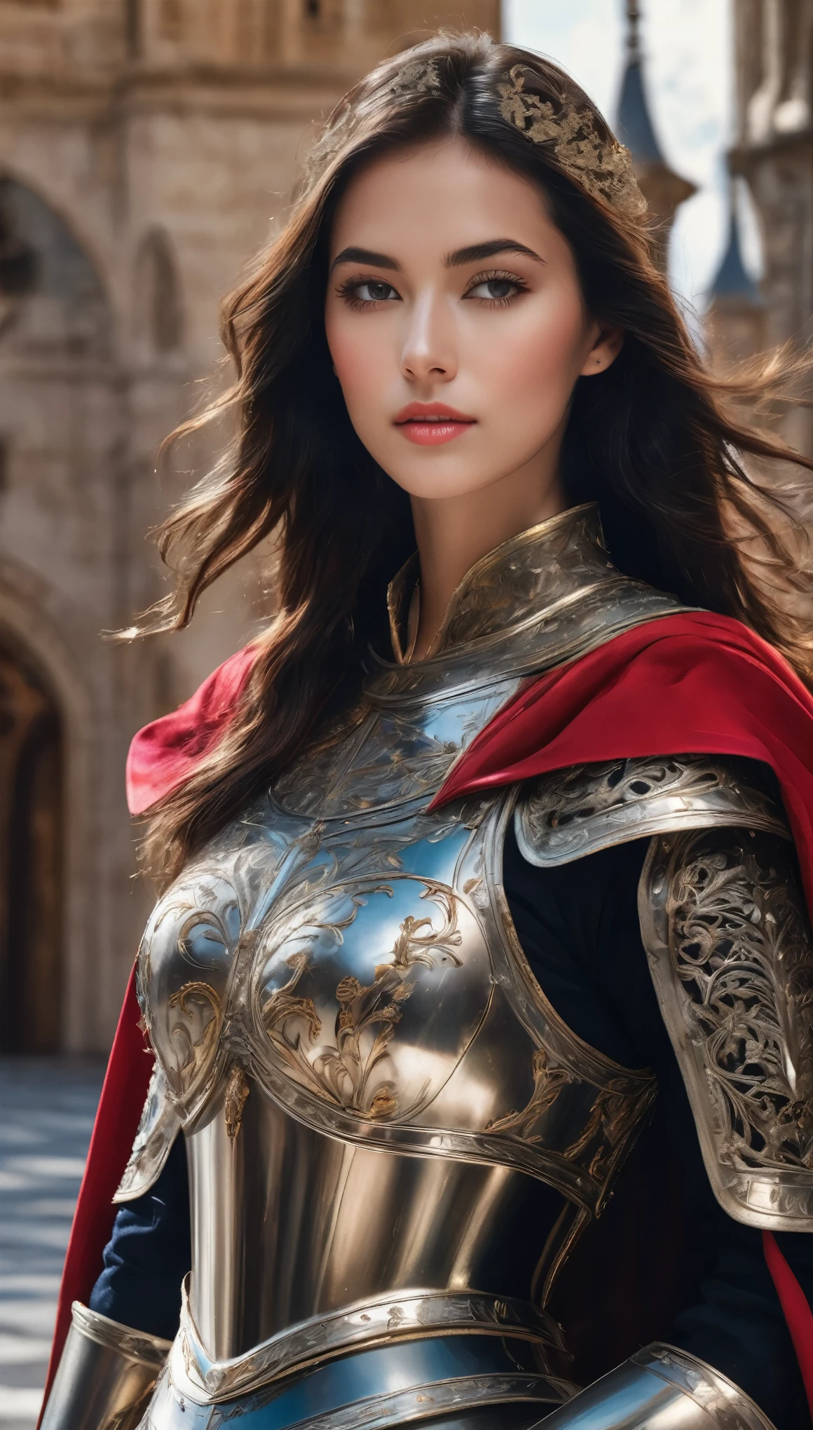 Highest quality, Realistic, photoRealistic, Award-winning photography, (Intricate details, royal palace: 1.2), (Subtle details), (Intricate details), (Cinematic Light, Super sexy long hair woman, knight, , huge bouncing chests, sexy long legs, dynamic sexy pose, knightの正装, Colorful and intricately constructed armor, knight, leg armor, Red Cape, Upper body close-up),