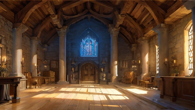 Indoor, fantasy, fantasy medieval, adventurers guild, tavern style, huge hall with second floor, medieval stone columns, epic, bulletin board on the wall, entrance door in the center, one-point perspective composition, concept art, high-quality illustrations, masterpiece, magic lighting, soft lighting, from the receptionist's point of view