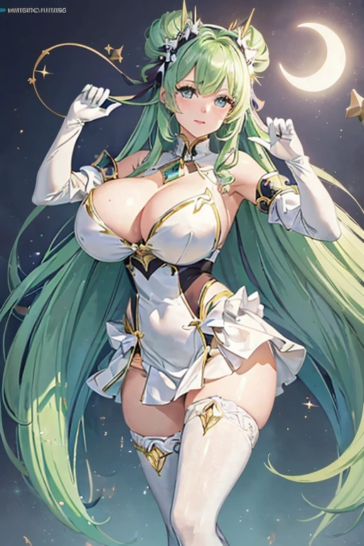 (girl1), (anime), white, with long green hair, jade green eyes, an 18 year old woman, with white stockings and a sexy dress, wearing a heroine costume consisting of a white sleeveless swimsuit with purple details and a yellow crescent moon on his chest. She also wears purple high boots, white gloves with spikes and metal plates on her waist and feet, look at her (Bust of hyper gigantic breasts with 800 centimeters:1.5) 