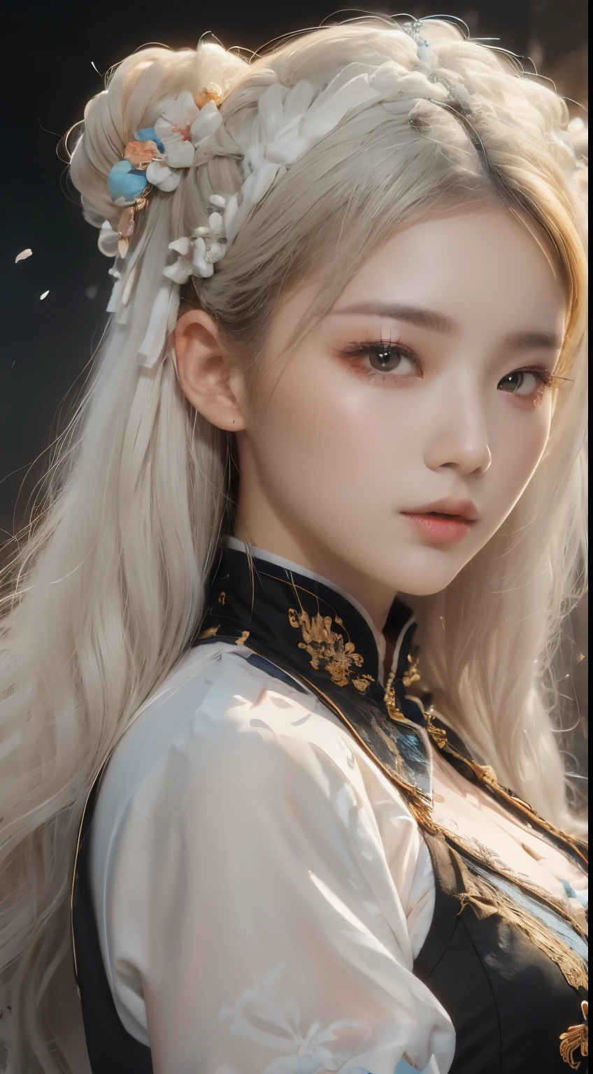 （Close up of woman with white hair and white mask），beautiful character painting，Goobiz，Goobiz-style artwork，white-haired god，Jay Yang，Magnificent and beautiful character art，cool character art，Fanqi，Woojun commercially available，Pixiv Art Station의 Guvitz