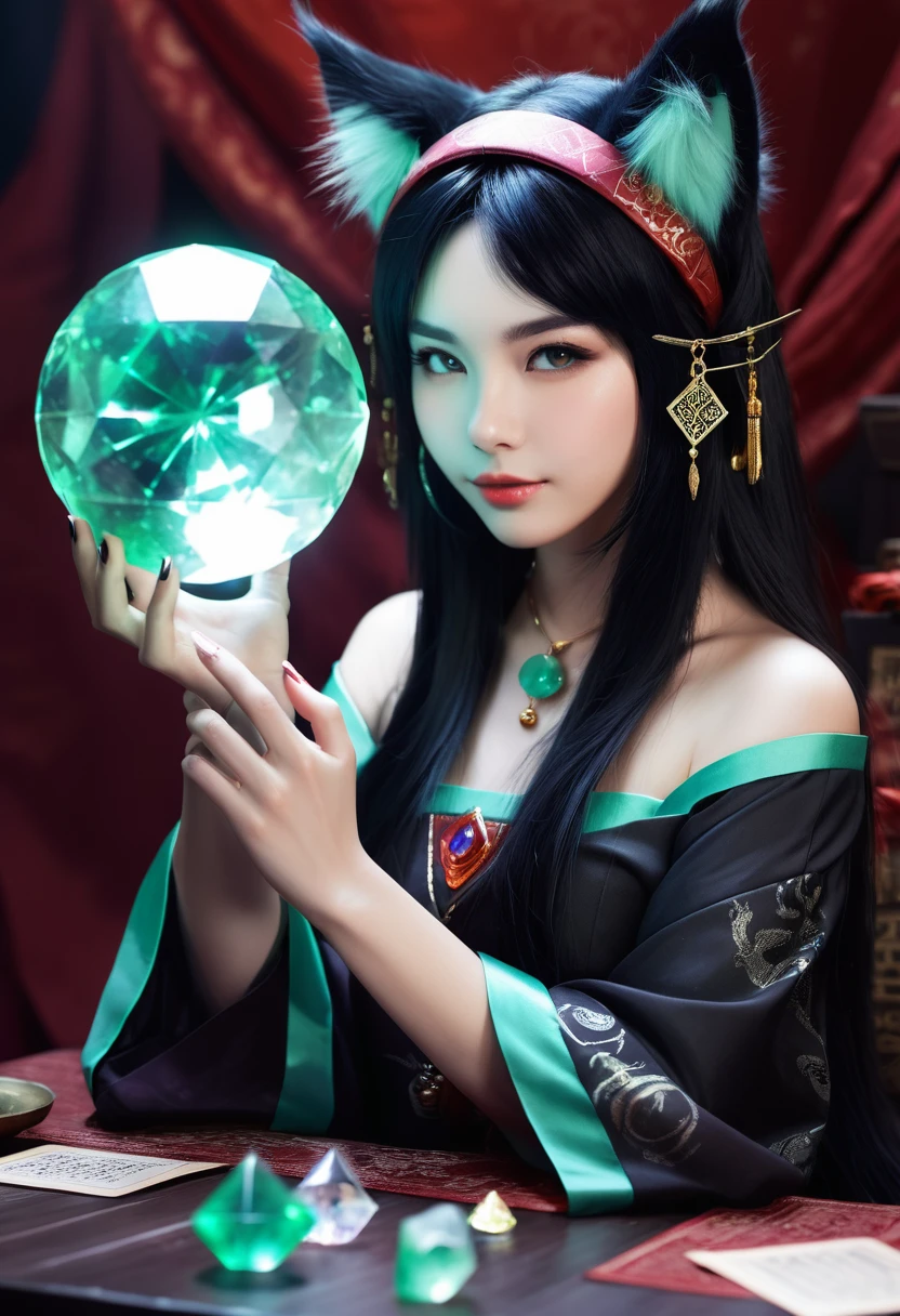 Monster Girl, Cat ear,20th Generation, fortune teller,Realistic Women, Black Hair,cute,Tarot reading