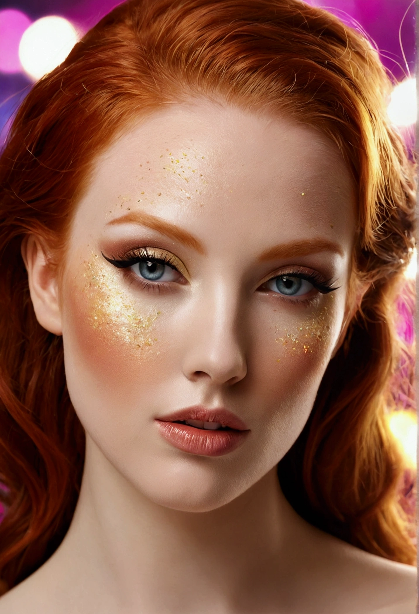 Makeup artists do makeup for celebritieasterpiece:1.2), best quality, masterpiece, a high resolution, original, Extremely detailed wallpaper, Ideal lighting,(extremely detailed computer graphics:1.2), model , bright colors, Powerful emotions,((film grain, Boke, light particles ,dust, Extreme camera angle)) redhead