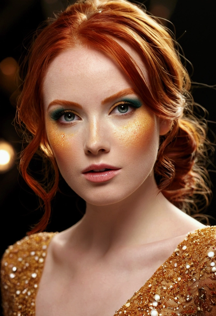 Makeup artists do makeup for celebritieasterpiece:1.2), best quality, masterpiece, a high resolution, original, Extremely detailed wallpaper, Ideal lighting,(extremely detailed computer graphics:1.2), model , bright colors, Powerful emotions,((film grain, Boke, light particles ,dust, Extreme camera angle)) redhead 