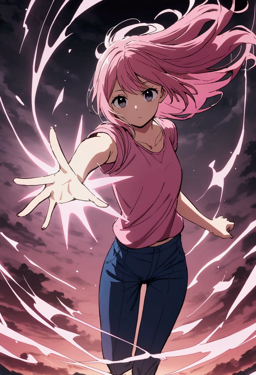 a  with black eyes and pink hair wearing a pink t-shirt and blue pants who has magical powers