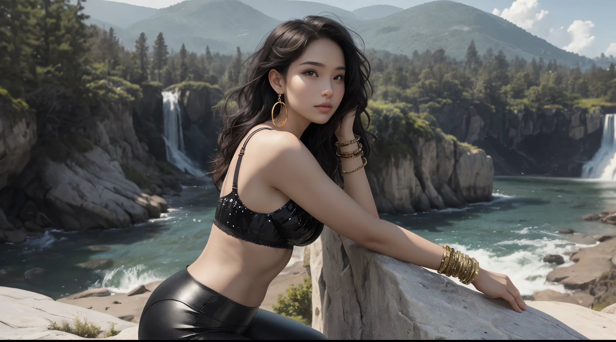 1girl, from side, sitting on rock, (looking at viewer:1.4), ocean, rocky cliff, water falls, side light, skin tight leather leggings, lace bra, gigantic breasts, sequin details accent, detailed face, (windswept:0.4), black hair, hair ornament, hair clip, heavy ornamented necklace and earrings, layered bangles and bracelets, (masterpiece, best quality:1.2), exquisite, (chin upward1.2),