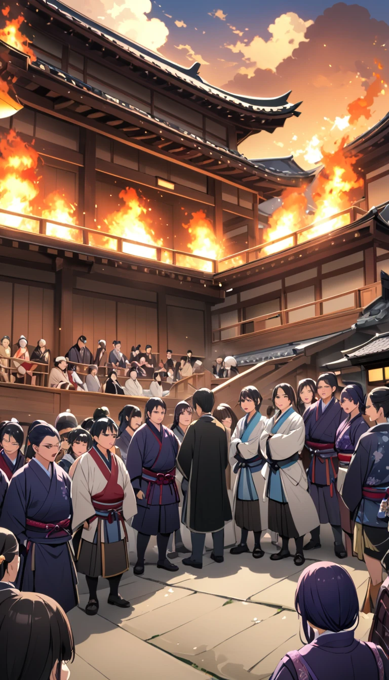 The townspeople gathered、A scene of protest against the Inu-Kouhou Shogun、dissatisfactionそうな顔が見える。
lecture　dissatisfaction