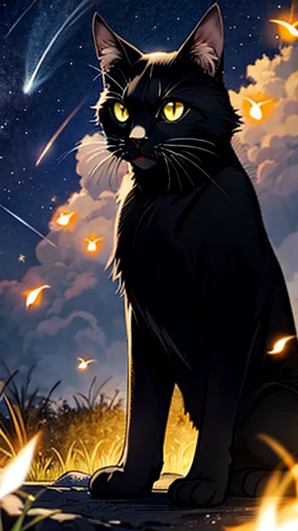 Silhouette of a black cat against a starry night sky, glowing fireflies, ethereal mist