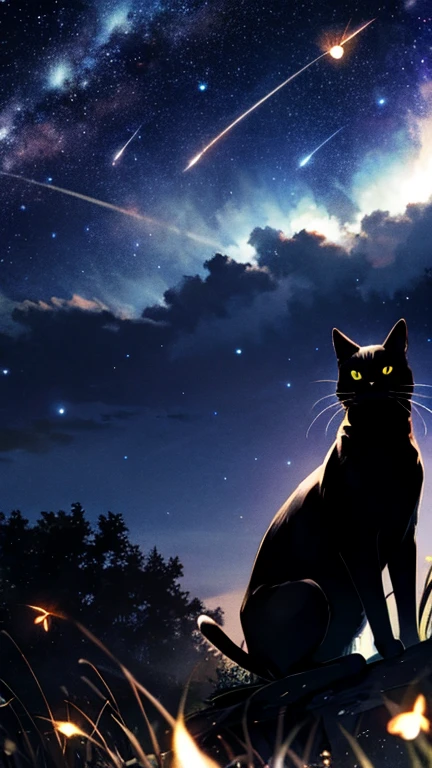 Silhouette of a black cat against a starry night sky, glowing fireflies, ethereal mist