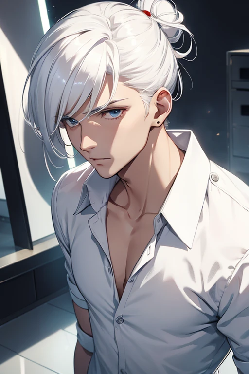 male angel, white hair, hair bun
