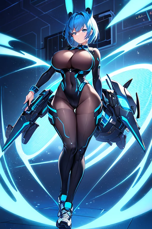 1girl, wide hips, large breasts, wide hips, blue hair, short hair, very short hair, blue eyes, bodysuit, black bodysuit, futuristic, machinery, science-fiction, tech, shoes, sneakers, neon trim, blue neon trim, full body, bunny ears, rabbit ears