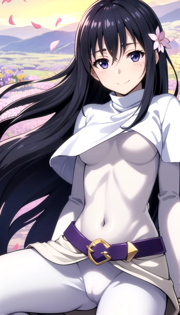 photorealistic, (4k), depth of field, (Masterpiece), (realistic skin texture), extremely detailed, intricate, hyper detailed, professional photography, bokeh, high resolution, sharp detail, best quality, girl, white shirt, white cape, black pants, long hair, black hair, dark blue eyes, white gloves, purple belt, lying, light smile, (flower field:1.3) windy, sunset, (petals),