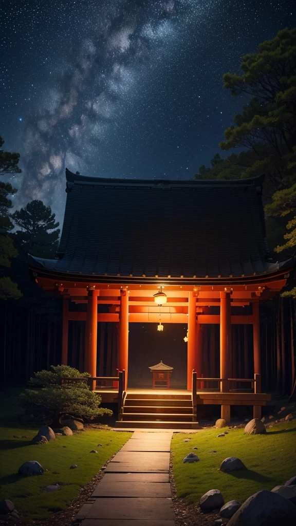 (Starry Night,Silent Forest,Peaceful atmosphere,神秘的なshrine),8k resolution),In the style of Japan anime，In the woods，shrine，Warmth，Calm。