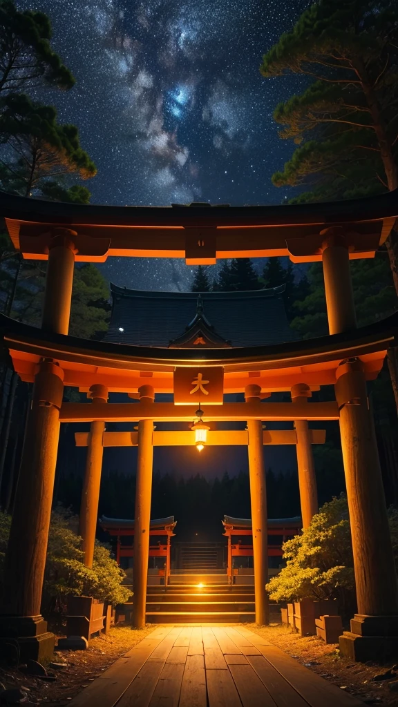 (Starry Night,Silent Forest,Peaceful atmosphere,神秘的なshrine),8k resolution),In the style of Japan anime,In the woods,shrine,Warmth,Calm。
