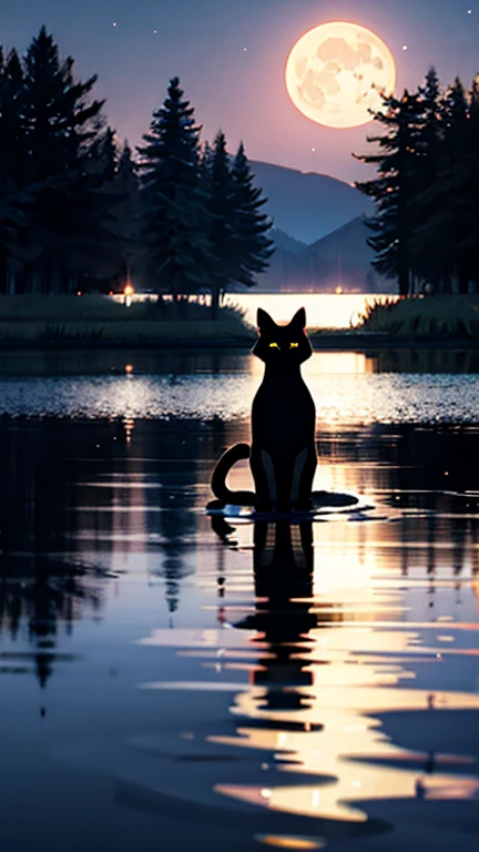 Black cat shadow on a moonlit lake, shimmering water reflections, fairy lights in trees