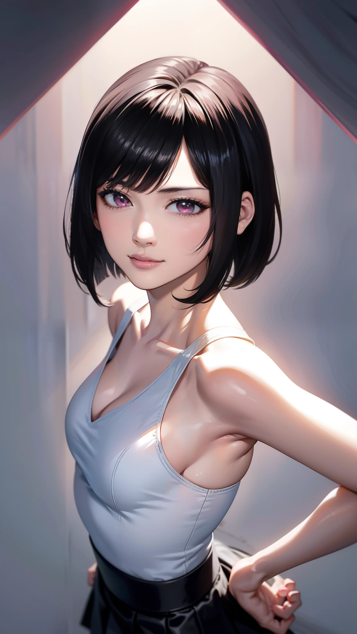 [black hair, asymmetrical hair, blunt bangs, bob cut, cowboy shot, uhd, retina, masterpiece, accurate, anatomically correct, textured skin, super detail, high details, high quality, award winning, best quality, high-res, 1080P, HD, 4K, 8k, 16K], A lovely and sweet Chinese woman, Delicate and sexy collarbone, Attractive goose face, double eyelid, Clever pink eyes, Pink Lips, small, upturned nose, Exposing shoulders, Concentrated face, Face close-up, Ultra HD, Super Detail, Full body photo, Ultra-thin, optimal light transmission ratio, 4 fingers and 1 thumb, JK Mini Skirt