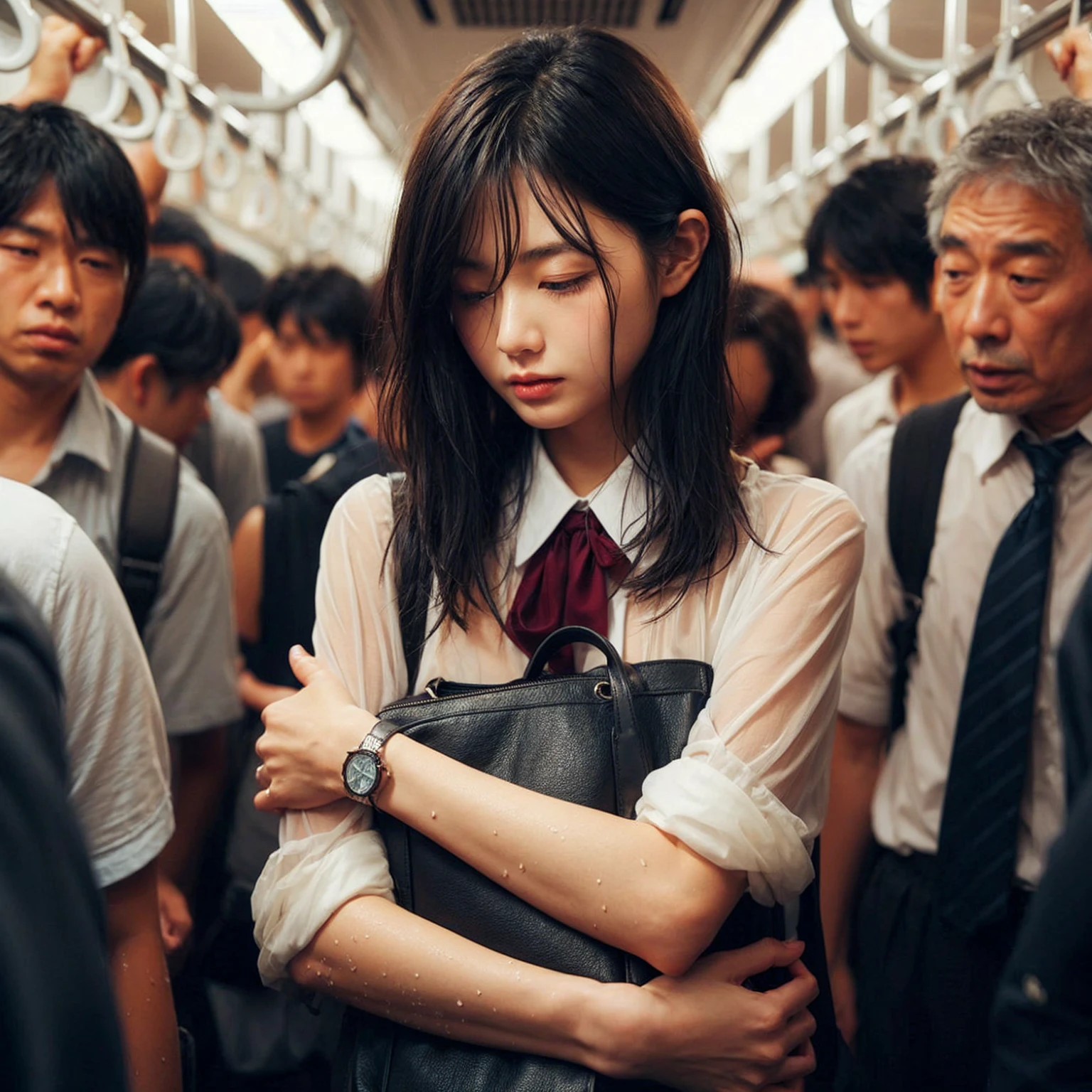 In the heart of a bustling city, amidst the throngs of commuters, a young japanese woman clutches her bag close to her chest. she is very wet. Her expression is downcast, perhaps introspective or slightly distressed, as she navigates the crowded public transit. The man behind her is inadvertently close and wrapped her weist, illustrating the lack of personal space commonly found in such settings.