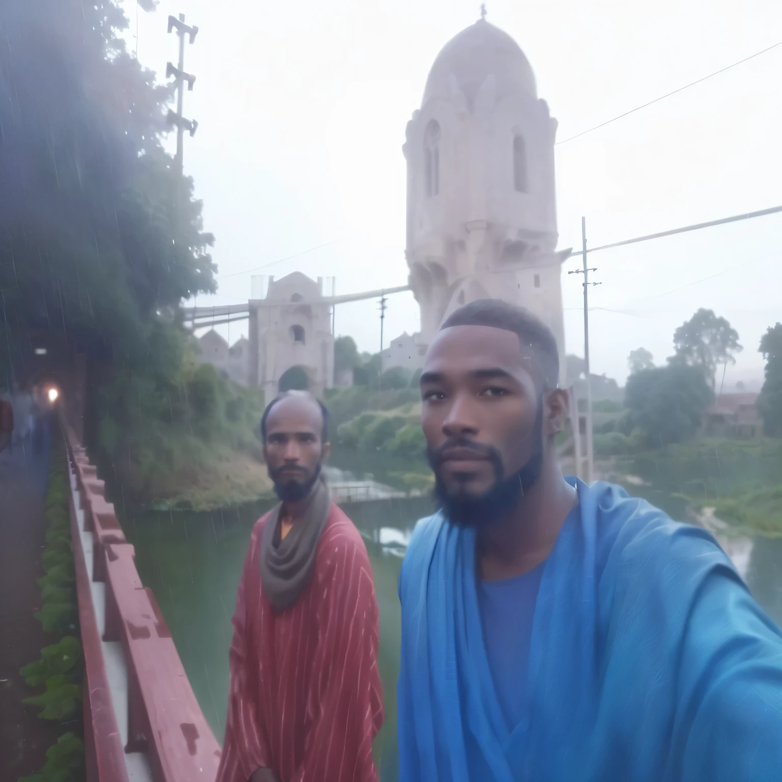 there are two men standing next to each other on a bridge, very very low quality picture, blurry image, at evening during rain, selfie photo, very accurate photo, ghutra and egal, connected with hanging bridge!!, with village, taken with the best dlsr camera, 8k selfie photograph, very poor quality of photography, last selfie ever taken