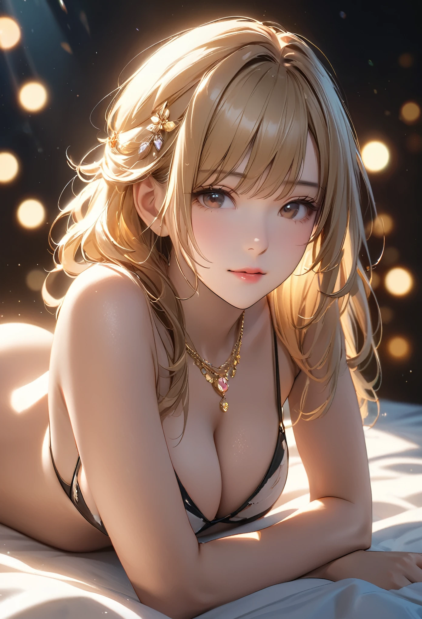 最high quality, masterpiece, High resolution, One girl,Ripped bikini,hair ornaments,necklace,jewelry,Beautiful Face,On top of that_body, Tyndall effect,Realistic, Dark studio, Rim Light, Two-tone lighting,(Skin with attention to detail:1.2), 8k uhd, Digital SLR, Soft lighting, high quality, Volumetric lighting, Frank, photograph, High resolution, 4K, 8k, Bokeh, Blonde, Completely naked.