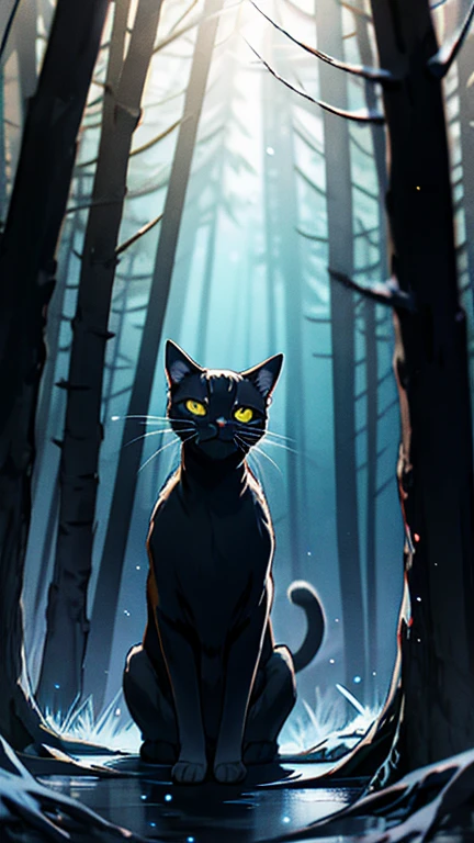 Dark feline outline in a magical forest, sparkling dust particles, bioluminescent plants