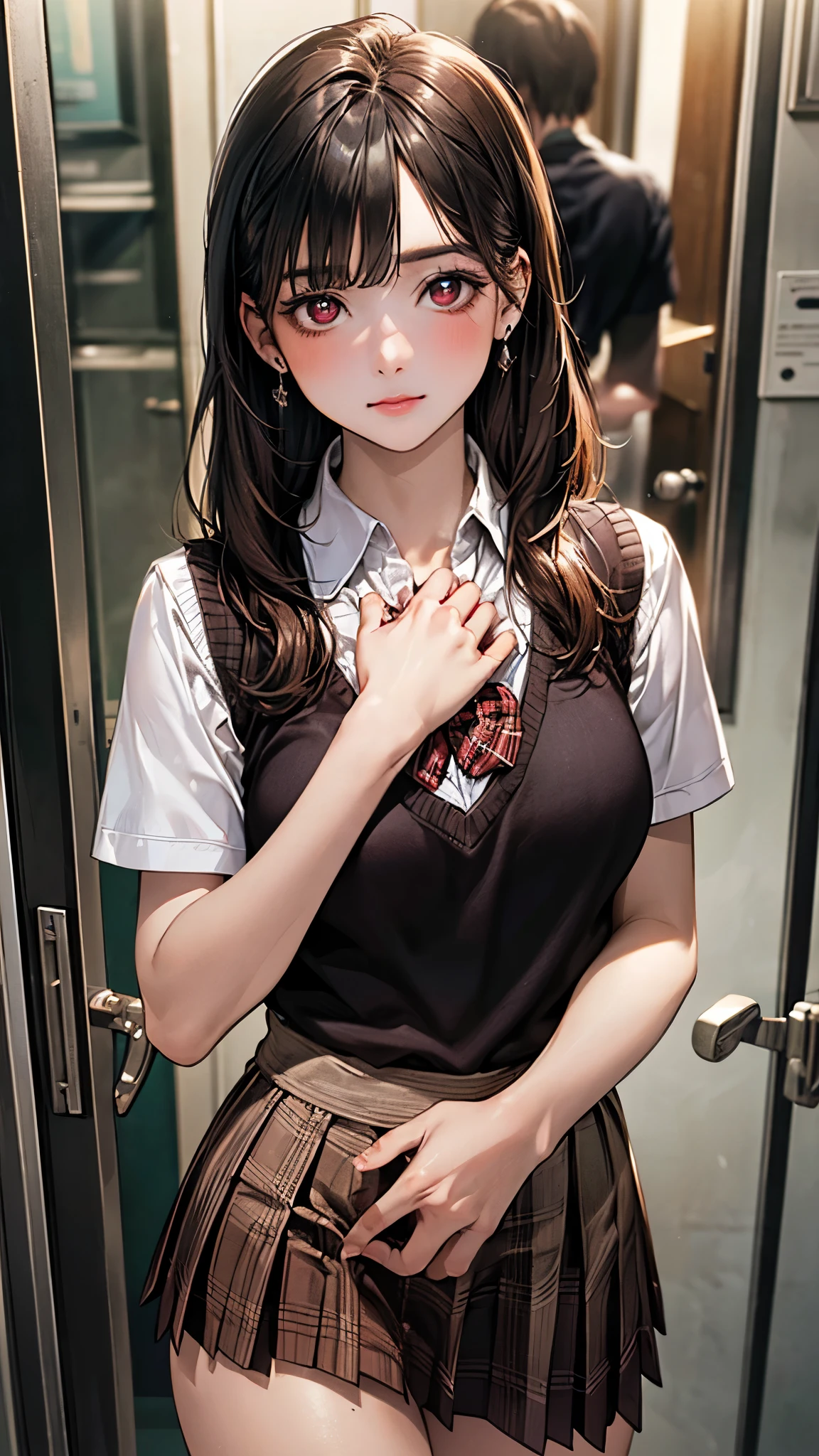 (masterpiece:1.2, top-quality), (realistic, photorealistic:1.4), beautiful illustration, (natural side lighting, movie lighting), depth of fields, nsfw, 
beautiful detailed hair, beautiful detailed face, beautiful detailed eyes, beautiful clavicle, beautiful body, beautiful chest, beautiful thigh, beautiful legs, 
looking at viewer, 1 girl, , (perfect anatomy, anatomically correct, super detailed skin), cute and symmetrical face, perfect face, perfect eyes, 
(long hair, straight hair:1.5, sideburns, black hair), blunt bangs, break red eyes, big eyes, long eye lasher, (medium breasts, seductive thighs), perfect body, shiny skin, pink skin, 
(detailed cloth texture, break short sleeve white collared shirt, break (brown knit vest), break dark brown pleated skirt, break dark red plaid bow tie), break 
(beautiful scenery), (office:1.2, in front of the door), standing, (hands on chest), (pout),