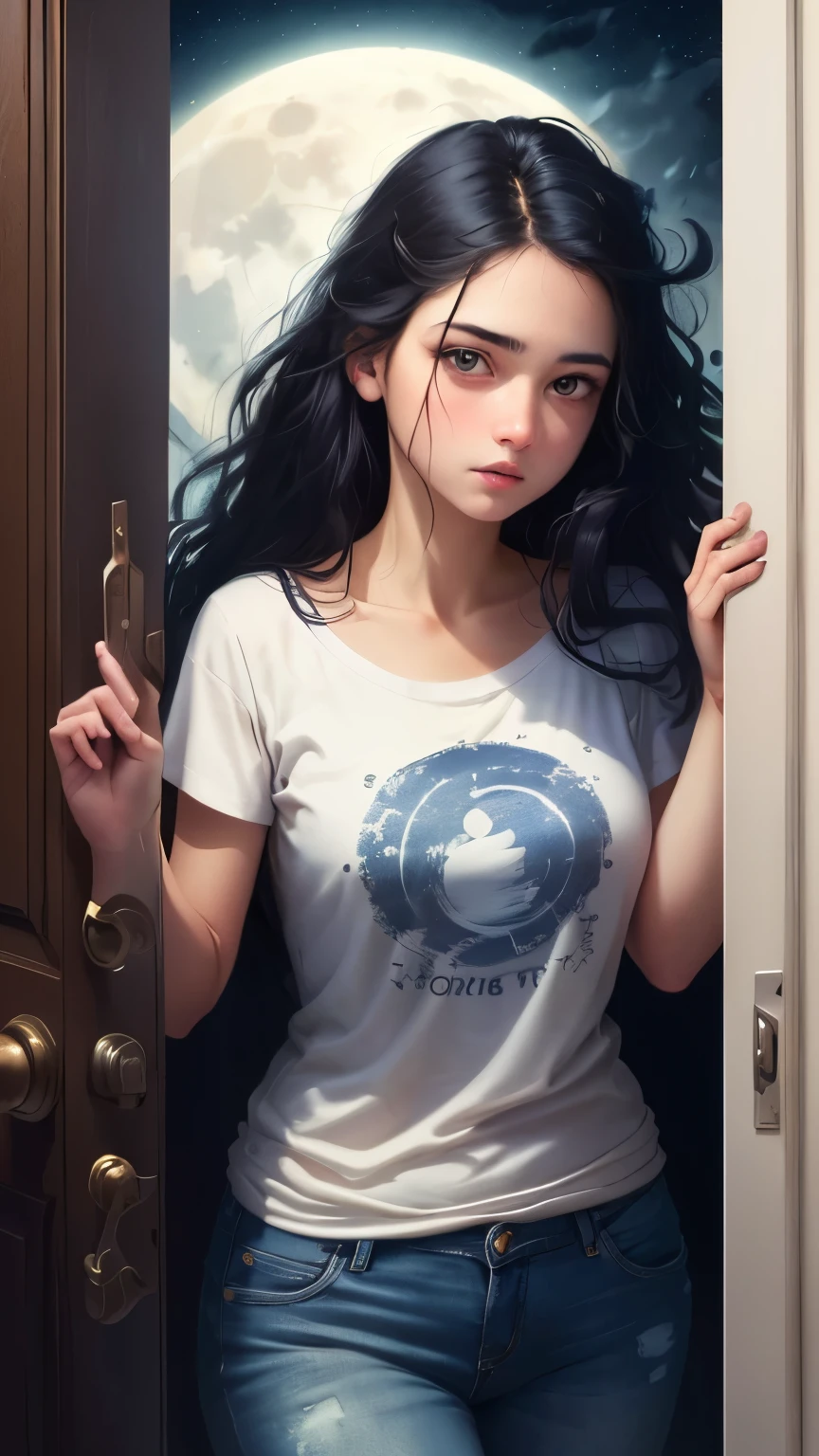 ((best quality)), ((masterpiece)), (detailed), A digital illustration of a long black haired age girl slowly opening a door with a expression of tense on her face. She is wearing a plain white t-shirt and blue jeans. The background is full moon and haunted
