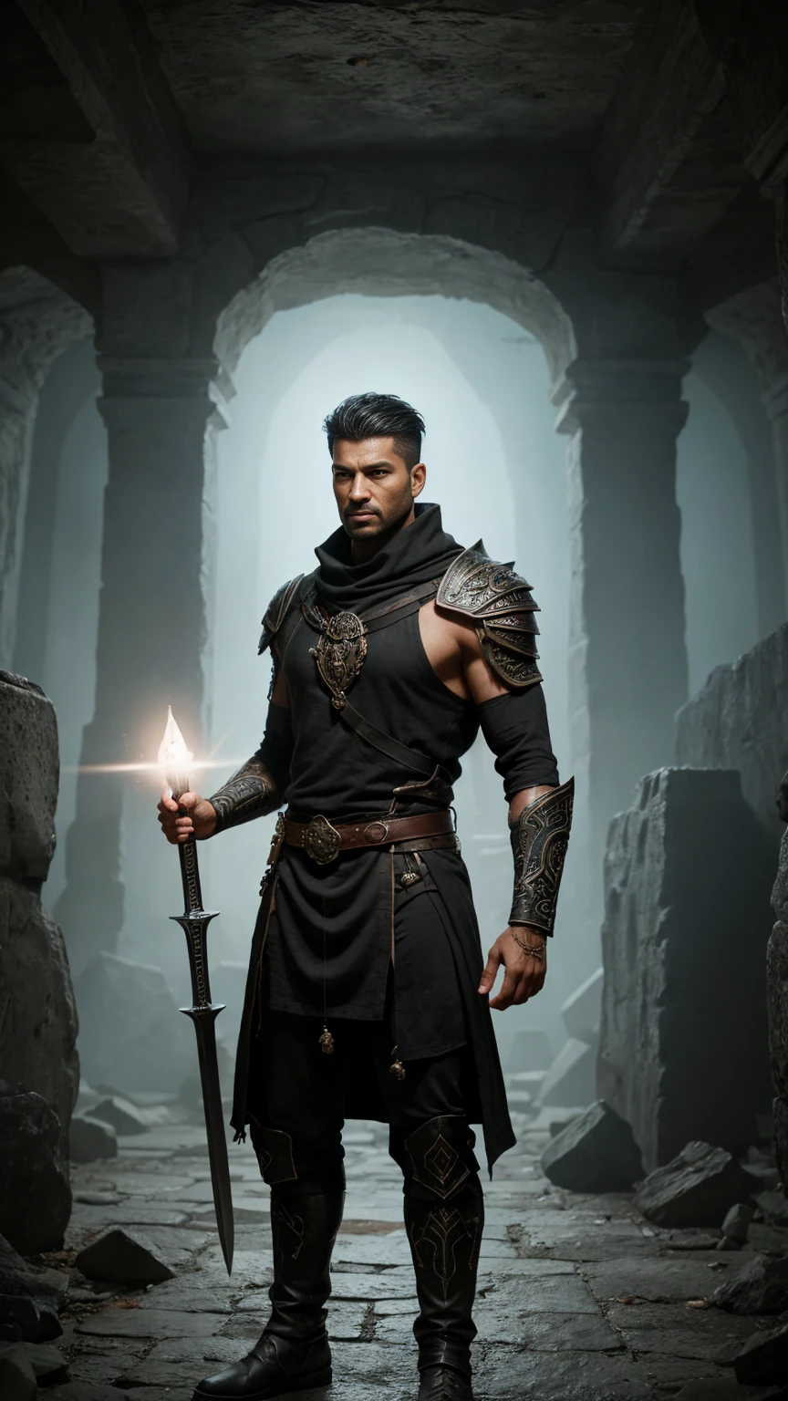 A 35-year-old male character stands at 6 feet 1 inch with an athletic and slightly muscular build. His Indian skin tone complements his expressive brown eyes and short black hair, styled in an everyday cut with a slightly smooth and glossy texture. He has a light stubble, adding a rugged touch to his composed visage. The character is clad in sleek, black assassin-style armor with a black turtleneck underneath. He wears two belts across his waist and runic boots on his feet, adorned with mystical symbols. A large greatsword with glowing runic inscriptions is strapped to his back, and he holds a glowing orb in his right hand, casting a soft light. His expression is neutral, exuding confidence and readiness. The setting is a dark, foreboding dungeon with faint glows from runic inscriptions on the walls and floor, creating an eerie and tense atmosphere. The character stands as a beacon of strength and mystery in this fantastical environment. (Master parts: 1.4) (illustration: 1.4), Red studio lighting, Post-processing, 8K resolution, deep dark background, imponent, Well-composed photos, Impressive, (darken: 1.5). Octane render, maximum clarity & sharpness, hyper-realistic light and shadows: 1.5, depth of field.
