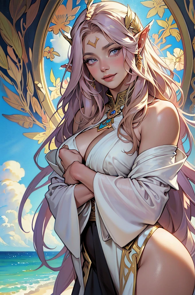 [[Adopt the concept of the character.]], a character, whole body, proportional breathing, middle aged european, ((Mother)), maduro, smooth lips, (oval shaped face), (heavenly nose), теплая worldлая кожа, purple eyes, innocence, whole body, (tall woman), doe eyes, (very world rose gold hair, very world pinkish blonde), very long golden wavy hair, long eyelashes, serene smile, world [большие крылья an angelа], [[head wings]], an angel, NSFW, trend in artstation, ((The style of Alfonso Mucha)), ink shadow, (((masterpiece))), an angel, feather ears
