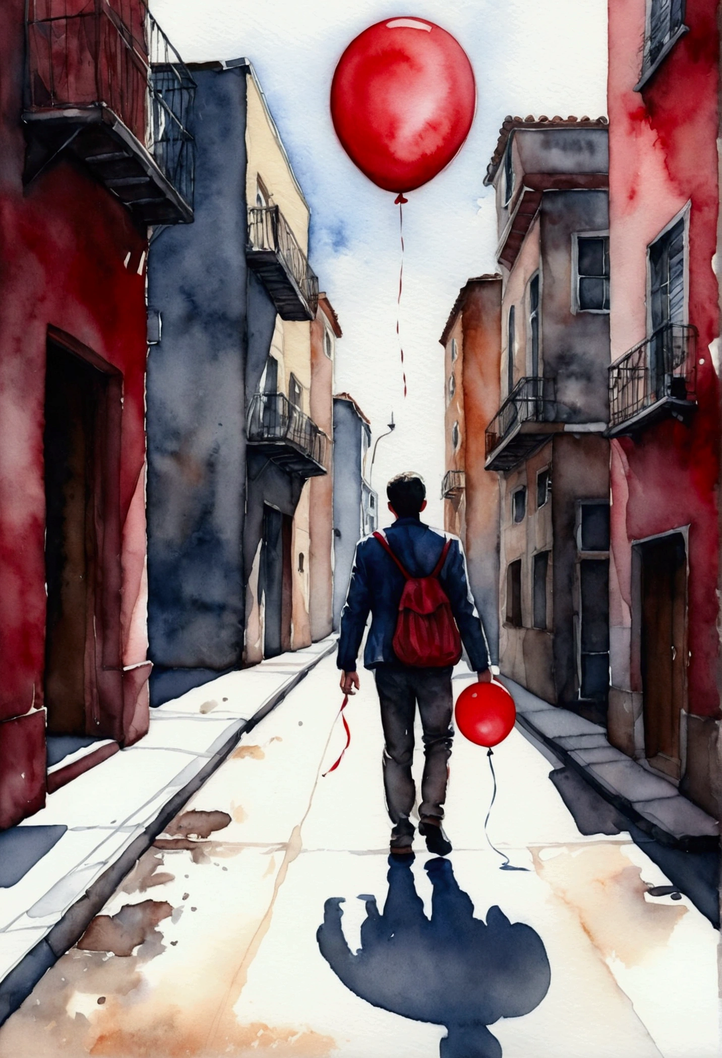 a man walks down the street with his back with a red balloon, watercolor