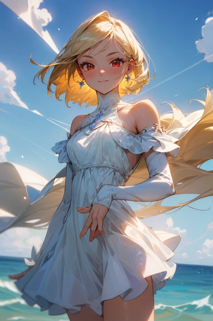 (masterpiece), ((best quality)), (Very detailed), ((very delicexiste and beautiful)), (Ridiculous))), (Perfect body))), 1 girl, Glowing white particles, struggle, Keep_sword, Blonde Bob, Red Eyes, Seventeen, outdoor, Sky, Aura all over the body, Large target, white texisttered dress, Bare shoulders, Little Smile, Ocean + background, wind, Perfect hands, Hand details, Improved fingers. earrings, Watching_exist_Viewer, Cowboy lens, Rich details, Perfect image quality