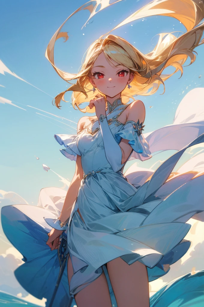 (masterpiece), ((best quality)), (Very detailed), ((very delicexiste and beautiful)), (Ridiculous))), (Perfect body))), 1 girl, Glowing white particles, struggle, Keep_sword, Blonde Bob, Red Eyes, Seventeen, outdoor, Sky, Aura all over the body, Large target, white texisttered dress, Bare shoulders, Little Smile, Ocean + background, wind, Perfect hands, Hand details, Improved fingers. earrings, Watching_exist_Viewer, Cowboy lens, Rich details, Perfect image quality