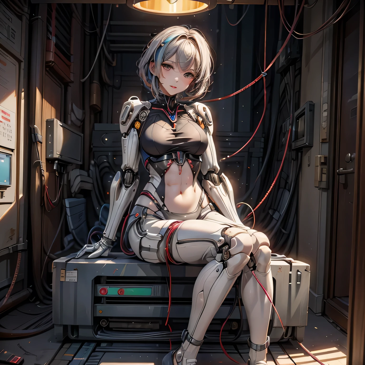 (((masterpiece))), (((Highest quality))), ((Very detailedな)), (Detailed CG illustrations), ((Very delicate and beautiful)),Cinematic Light,((One mechanical woman)), alone,mature,Big and ample breasts,Plump, whole body, (Machine made joints:1.4),((Mechanically cut muscle blood vessels connected to tubes),(Brain in a container:1.3),((Mechanical spine attached to the back)),((Mechanical cervical spine attached to the neck)),,(((The crotch is open))),((Sitting)),(Wires and cables connected to the head and torso:1.5), short hair, (Character Focus), sf, ((Very detailed,colorful)), Best details, ((background: basement))