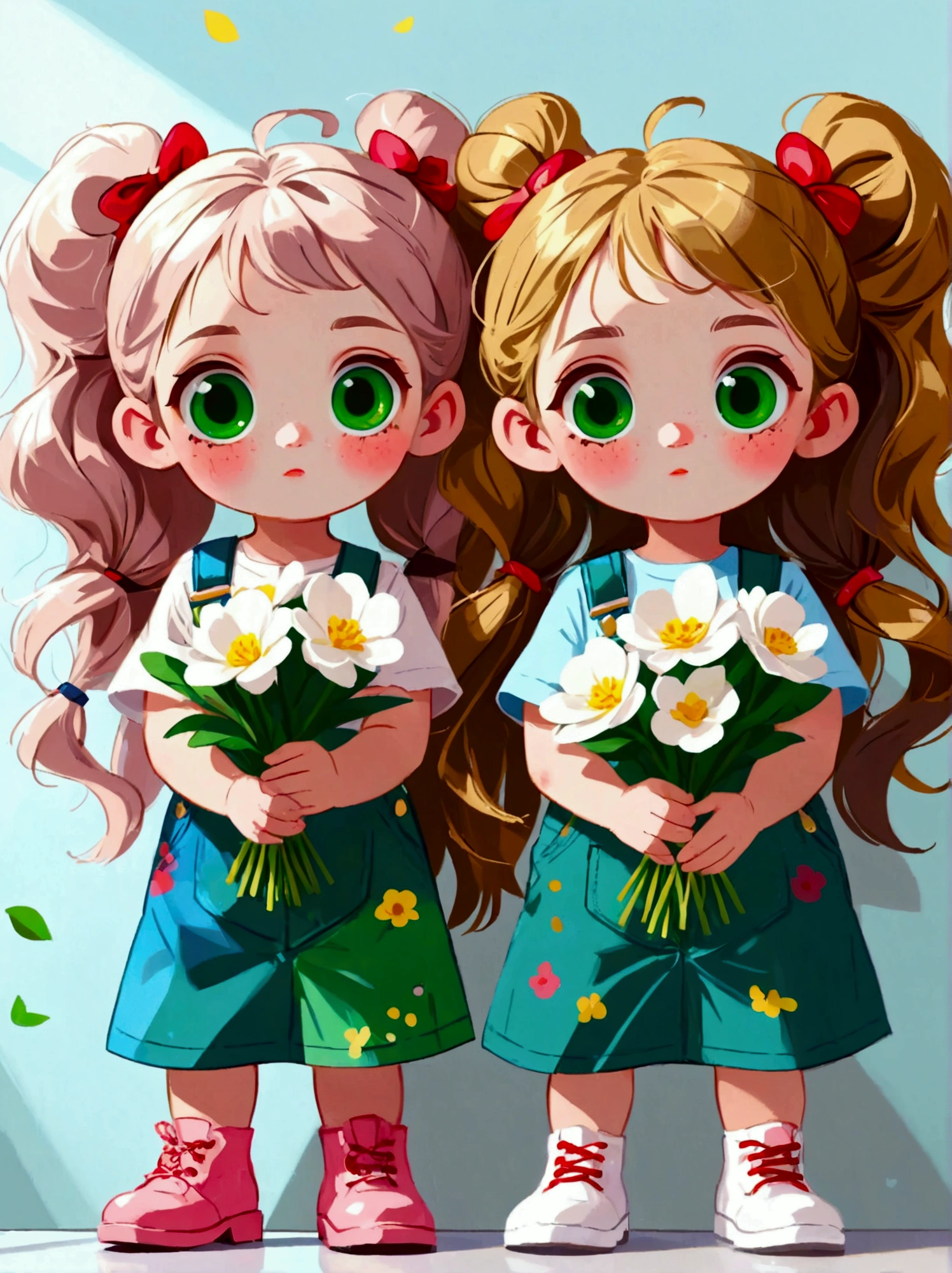  (Low Angle Shot:1.8), (((projected inset, dutch angle, vanishing point, from below))), (8k，Bright colors，Bright，Ultra high saturation，rgb, Colorful), Cartoon,Character Design,Cute little girl,big eyes,Long hair,With pigtails,Holding flowers,Wearing green overalls,可爱的Q版Cartoon风格,Simple background,White Walls,White floor,Colorful illustrations,Bright colors,White shoes,Full body image,Bright colors,HD,High-resolution images in a Q-version style