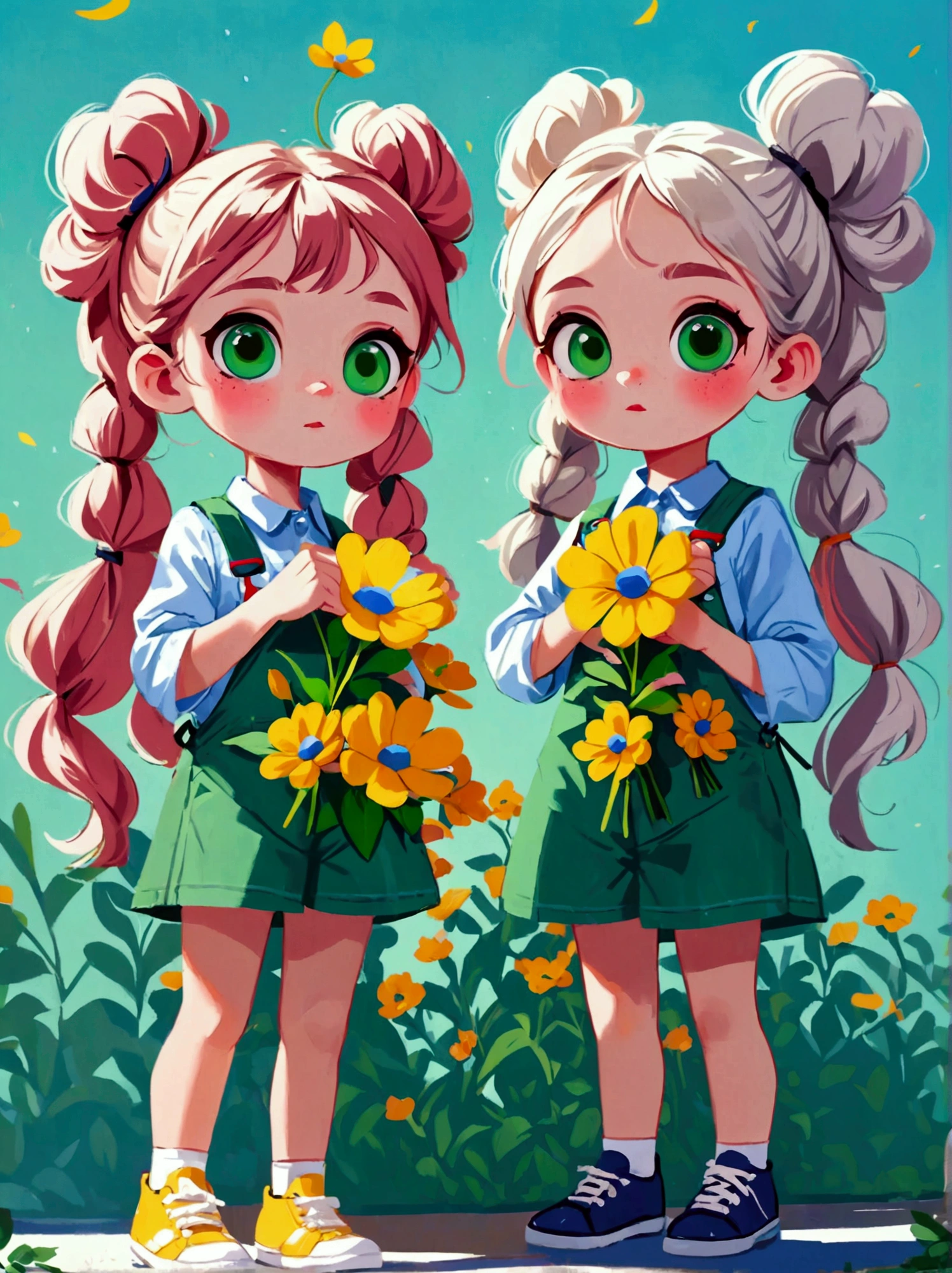  (Low Angle Shot:1.8), (((projected inset, dutch angle, vanishing point, from below))), (8k，Bright colors，Bright，Ultra high saturation，rgb, Colorful), Cartoon,Character Design,Cute little girl,big eyes,Long hair,With pigtails,Holding flowers,Wearing green overalls,可爱的Q版Cartoon风格,Simple background,White Walls,White floor,Colorful illustrations,Bright colors,White shoes,Full body image,Bright colors,HD,High-resolution images in a Q-version style